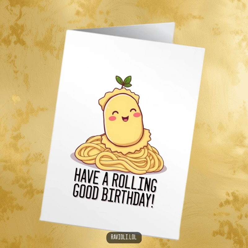 Funny Free Printable Birthday Card: Smiling ravioli character happily rolls down a hill of pasta, pure joy.