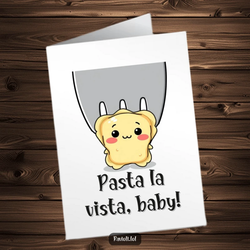 Funny Free Printable Birthday Card featuring a shy ravioli peeking from behind a giant fork, perfect for a laugh.