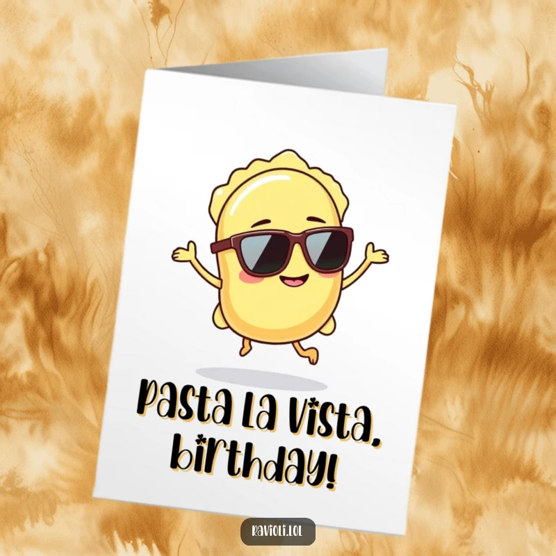 Funny Free Printable Birthday Card: Ravioli in sunglasses hopping with a confident grin, ready to party!