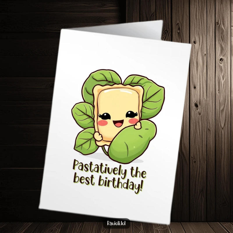 Funny free printable ravioli birthday card; a cheeky ravioli peeks from a basil leaf, grinning mischievously.