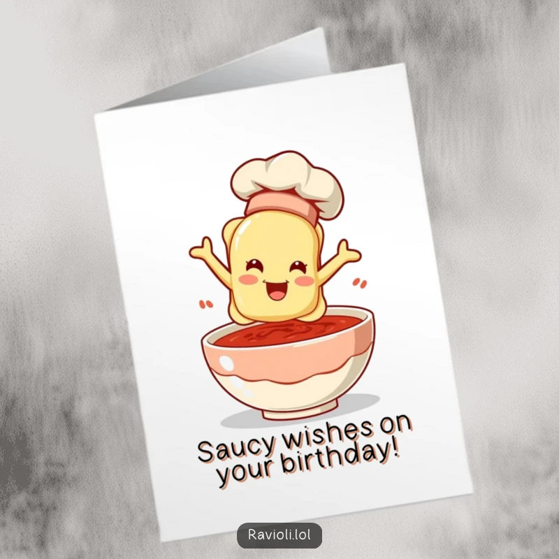 Funny Free Printable Birthday Card: A ravioli in a chef hat leaps joyfully into a bowl of red sauce.