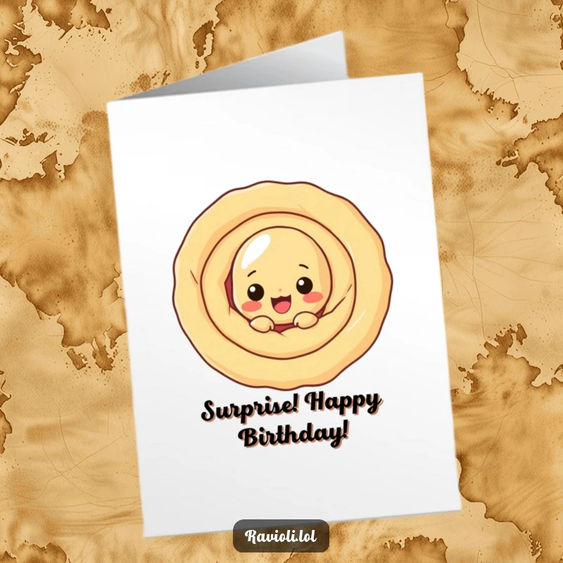 Funny free printable ravioli birthday card: a pasta character playfully peeking from behind a large, swirly dough.