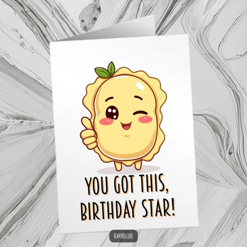 Funny free printable ravioli birthday card: a pasta character winking with one eye and giving a cool thumbs up gesture.