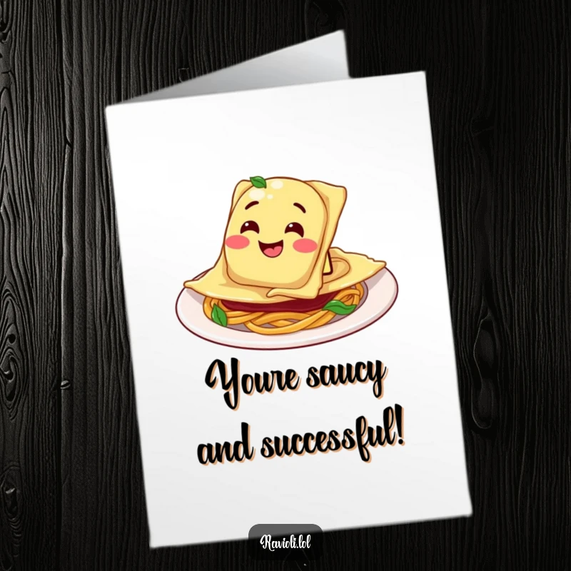 Funny Free Printable Congratulations Card: Ravioli character slides gleefully into a plate, celebrating success.