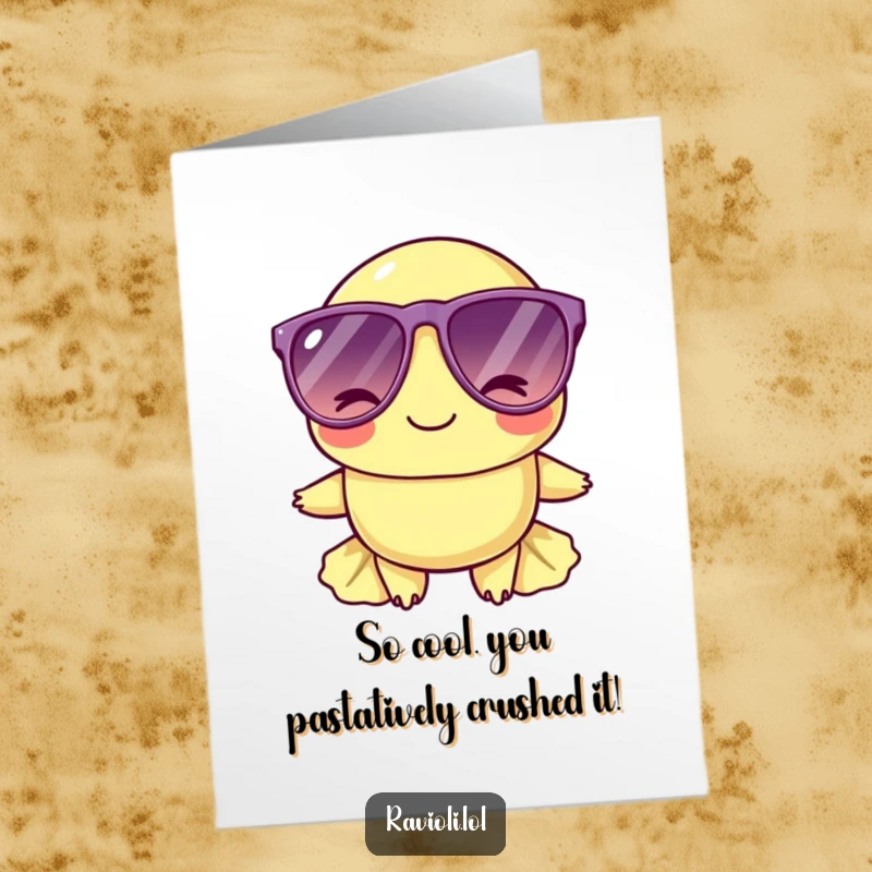Funny Free Printable Congratulations Card: A suave ravioli sporting cool sunglasses gives a confident wink, celebrating success, downloadable and chic.