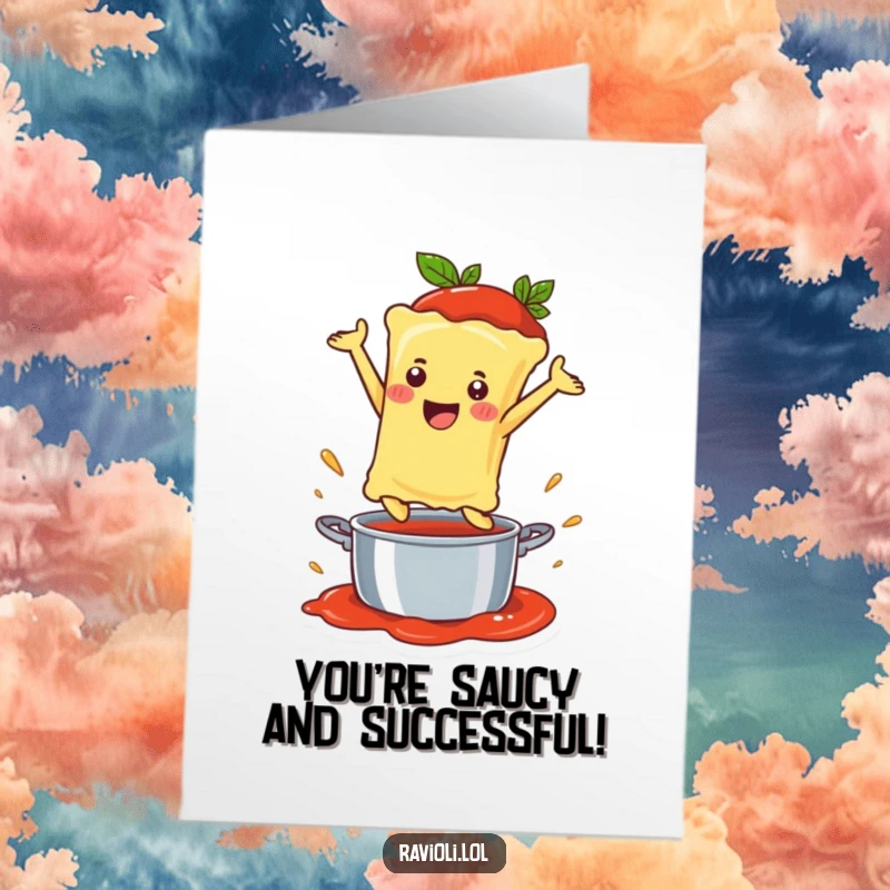 Funny Free Printable Congratulations Card: Excited ravioli character leaping into a pot of sauce, celebrating success with joy.