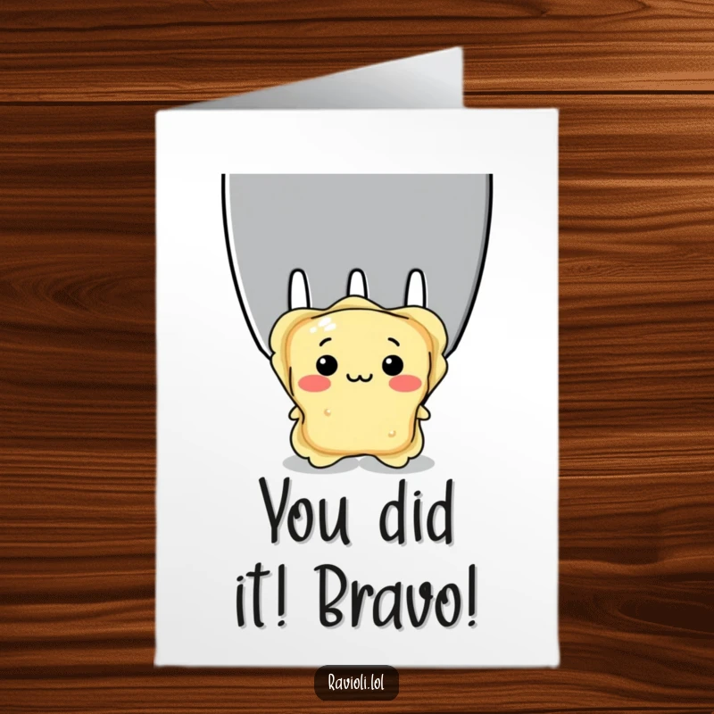 Funny Free Printable Congratulations Card: Shy ravioli cautiously peeks, conveying congratulations with endearing awkwardness.