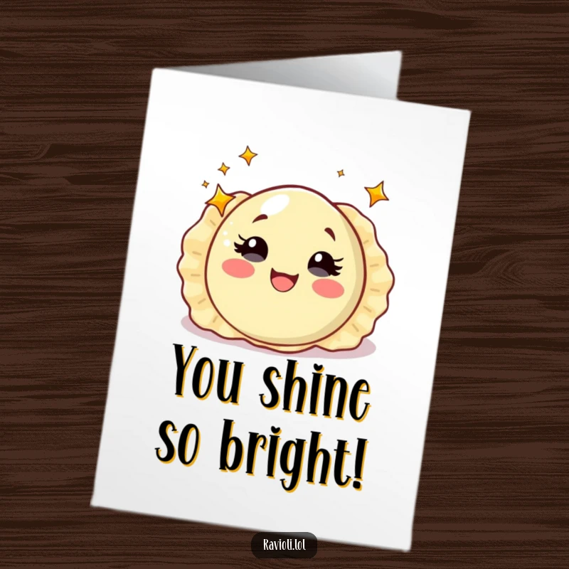 Funny Free Printable Congratulations Card: A ravioli with starry eyes spinning, conveying awe and delight at their success.