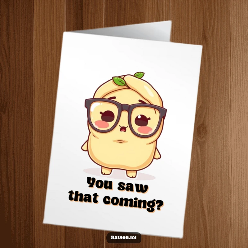 Funny Free Printable Congrats Card: A ravioli character sporting oversized glasses, looking utterly surprised by wonderful news, a hilarious touch.