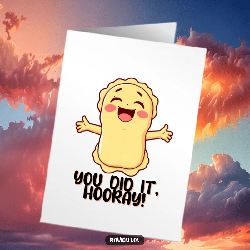 Funny Free Printable Congratulations Card showing a beaming ravioli with arms outstretched, laughing heartily to celebrate success.