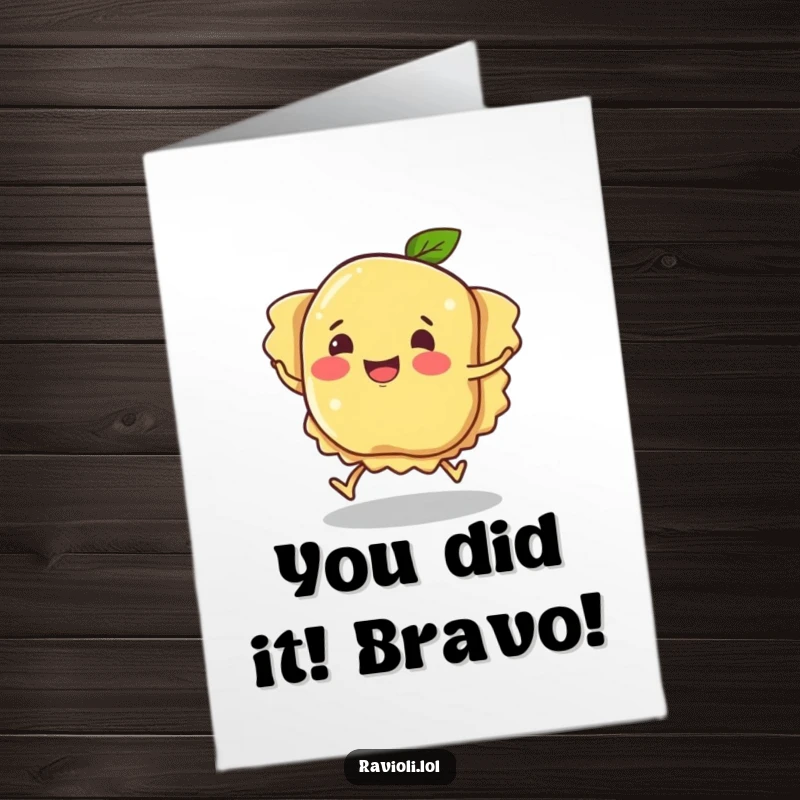 Funny Free Printable Congratulations Card depicting a ravioli character hilariously tripping, perfect for acknowledging accomplishments with a chuckle.