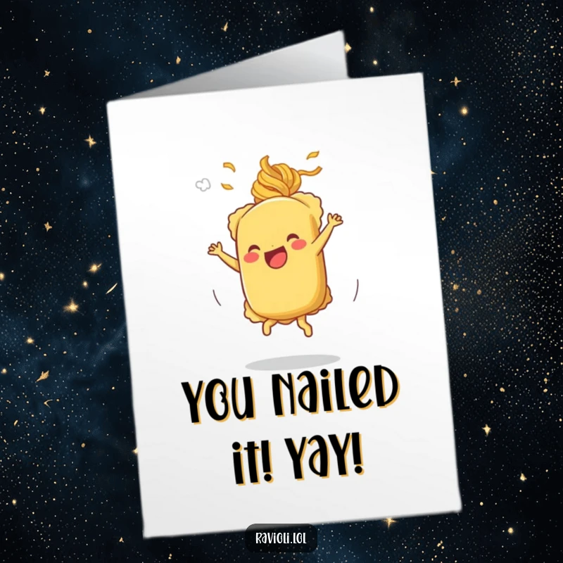 Funny Free Printable Congratulations Card: A ravioli character performing a joyful cartwheel with pasta steam, celebrating a big win.