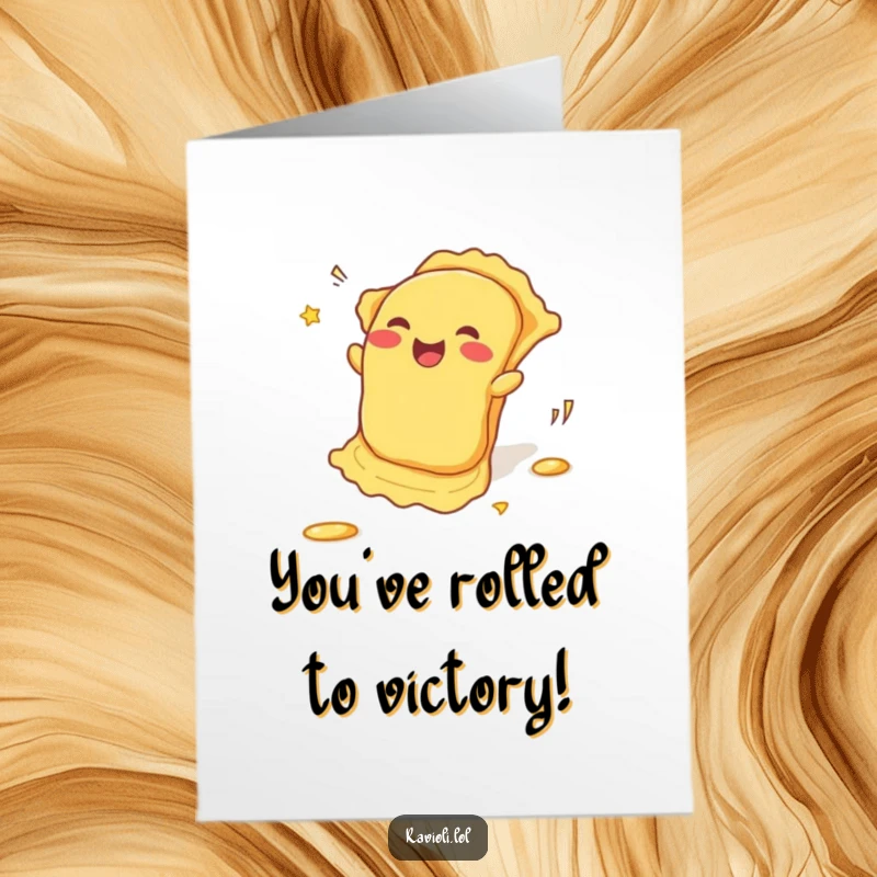 Funny Free Printable Congratulations Card: A ravioli rolls downhill with excitement, celebrating a fantastic achievement, DIY download.