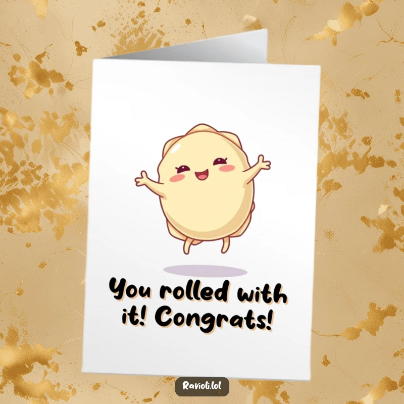 Funny free printable congratulations card showing a ravioli dumpling doing a cartwheel, celebrating achievements with energetic and joyful pasta flair.