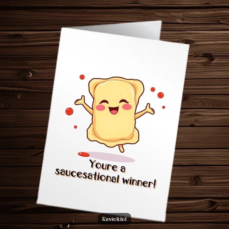 Funny free printable ravioli congratulations card; a happy ravioli dances with sauce splatters, celebrating good news.
