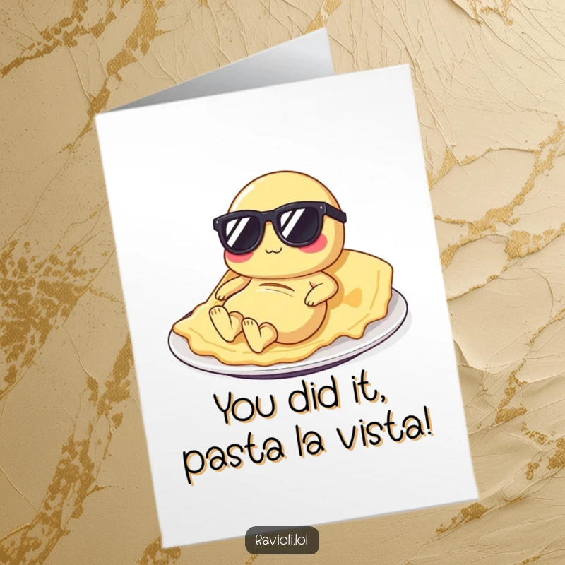Funny Free Printable Congratulations Card: Ravioli in Sunglasses Celebrating, Cheesy Achievement