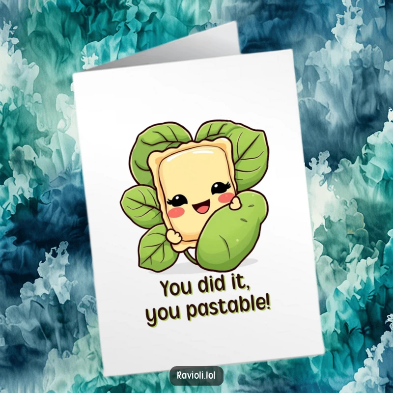 Funny free printable ravioli congratulations card; a cheeky ravioli peeks from a basil leaf, celebrating success.