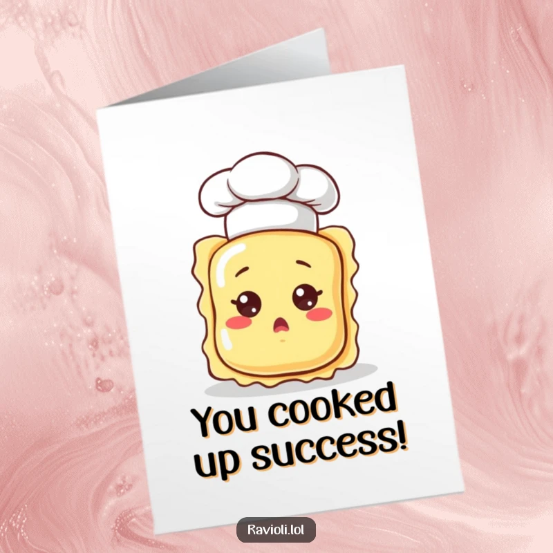 Funny Free Printable Congratulations Card showing a ravioli chef hat cocked, with an expression of pure surprise and excitement.