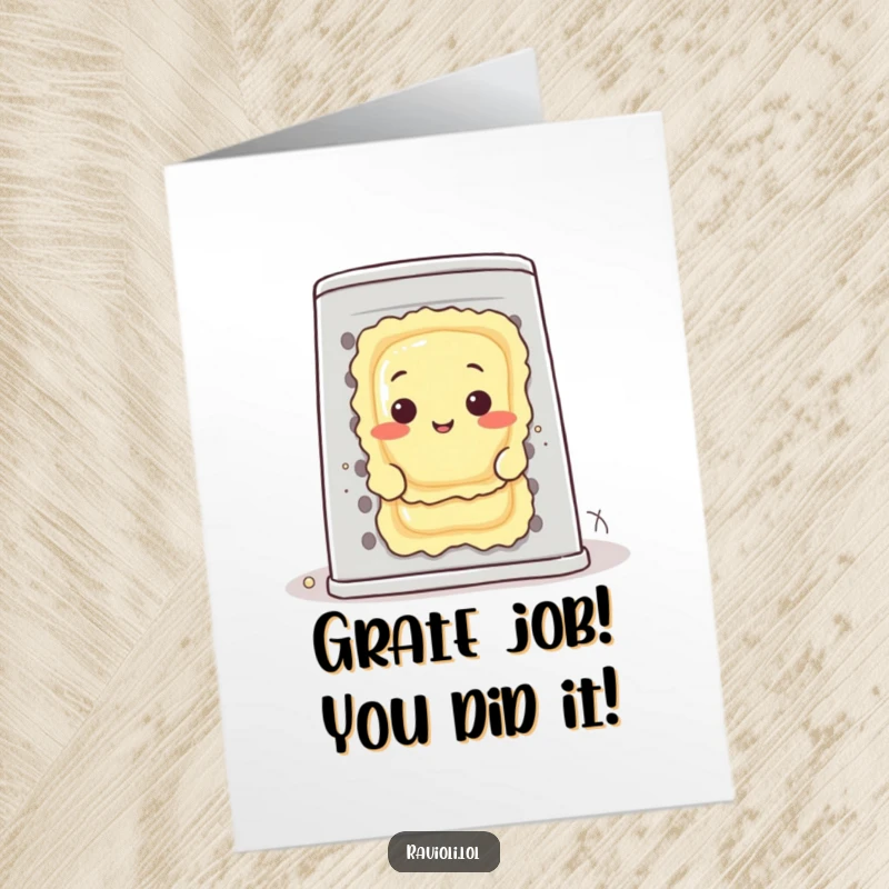 Funny Free Printable Congratulations Card: Ravioli character peeking out from behind a massive cheese grater, celebrating an achievement with glee.