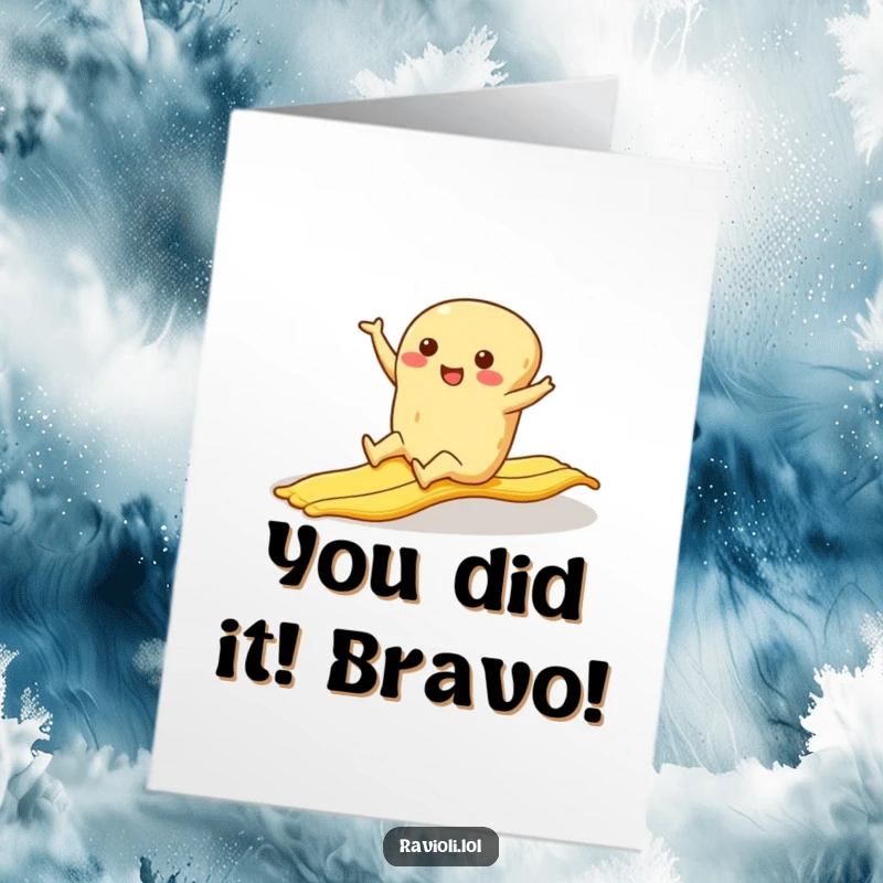 Funny free printable ravioli congratulations card: a pasta character comically slipping on a banana peel, arms flailing wildly.