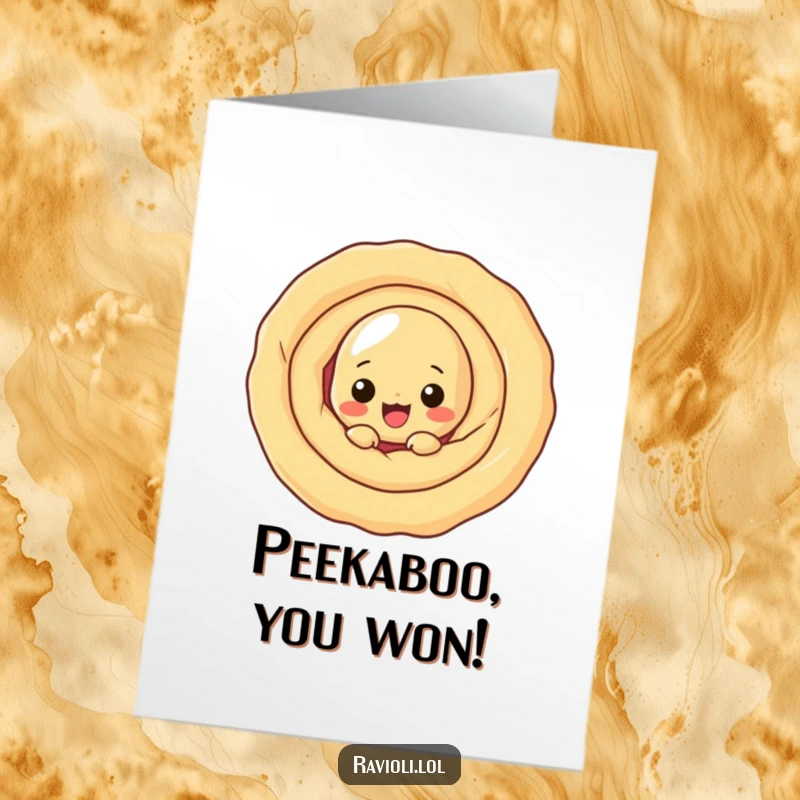 Funny free printable ravioli congratulations card: a pasta character curiously peeking from behind a large swirl of dough.