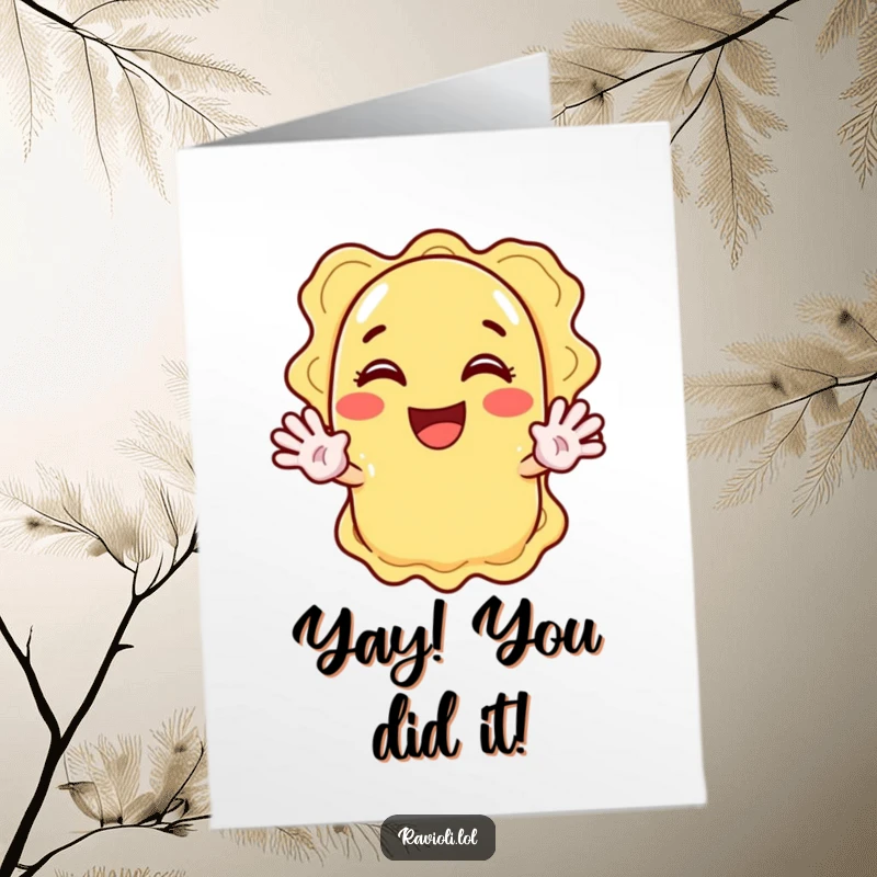 Funny free printable ravioli congratulations card: a pasta character enthusiastically waving both hands, radiating excitement.