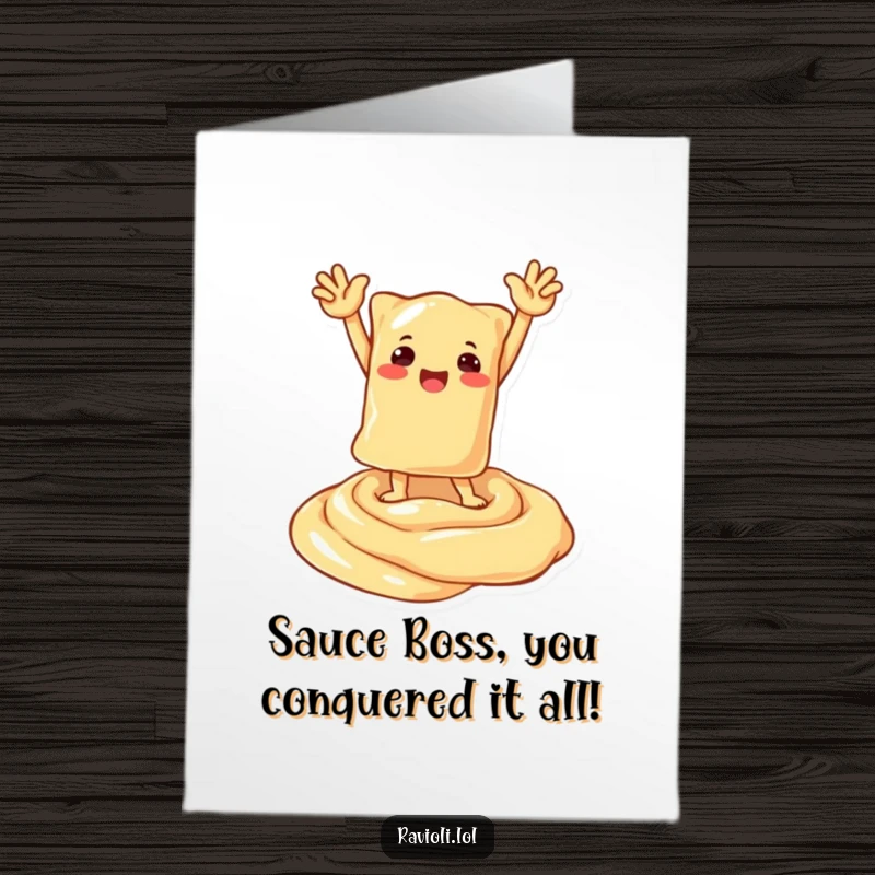 Funny Free Printable Congrats Card: A jubilant ravioli character strikes a triumphant pose atop a perfectly swirled mound of creamy sauce.