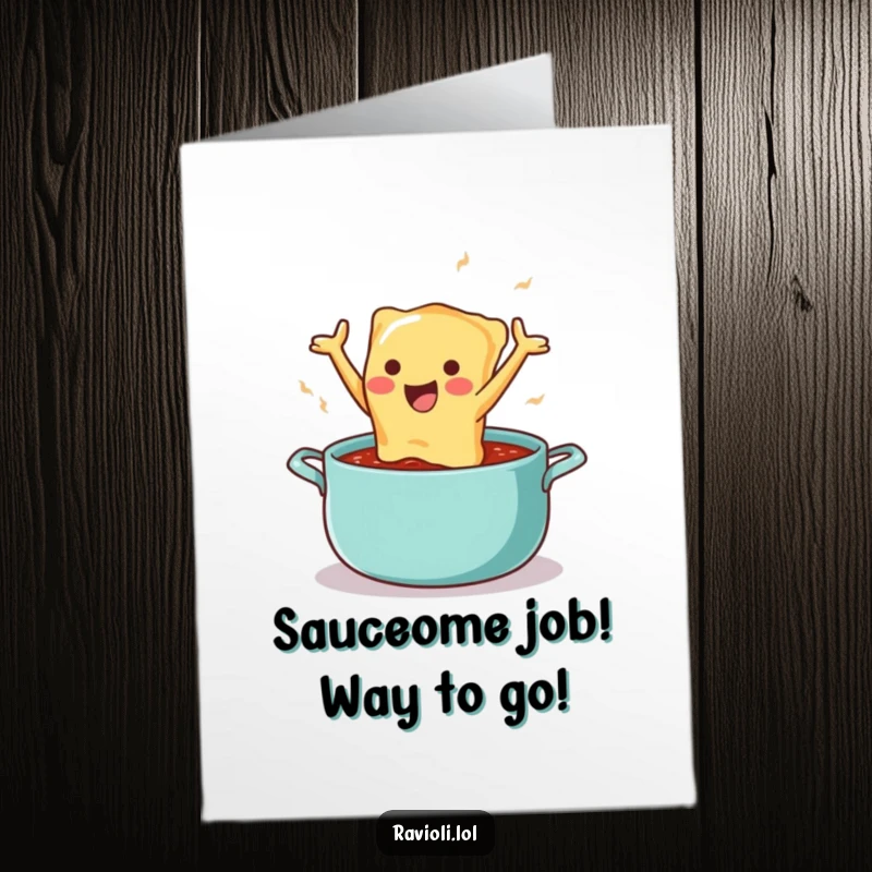 Funny Free Printable Congratulations Card showing a ravioli character diving into a sauce pot, celebrating success.