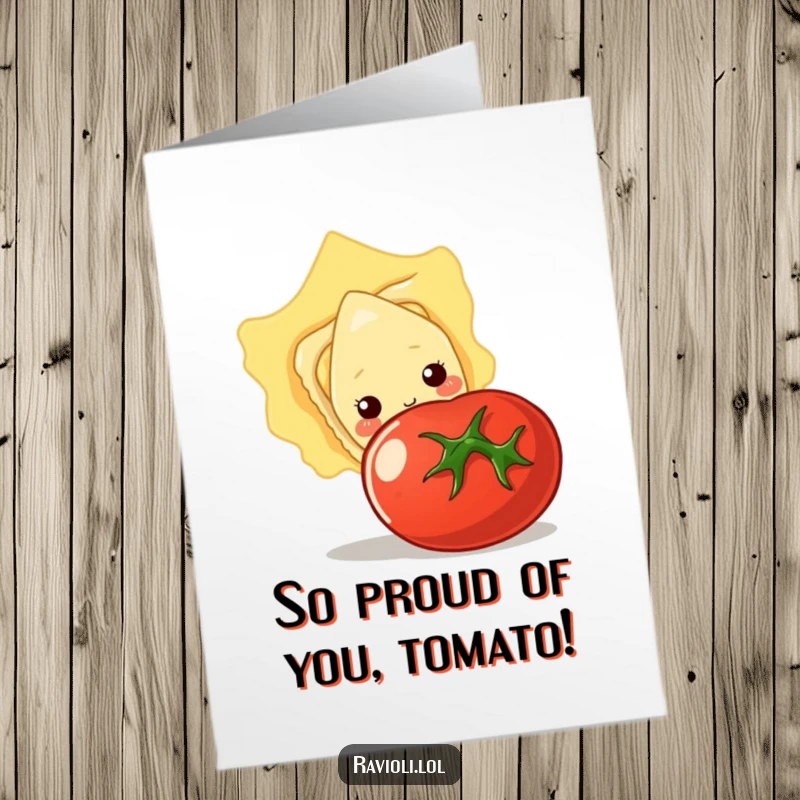 Funny Free Printable Congrats Card: Shy ravioli character peeking out from behind a large tomato, celebrating a success bashfully.