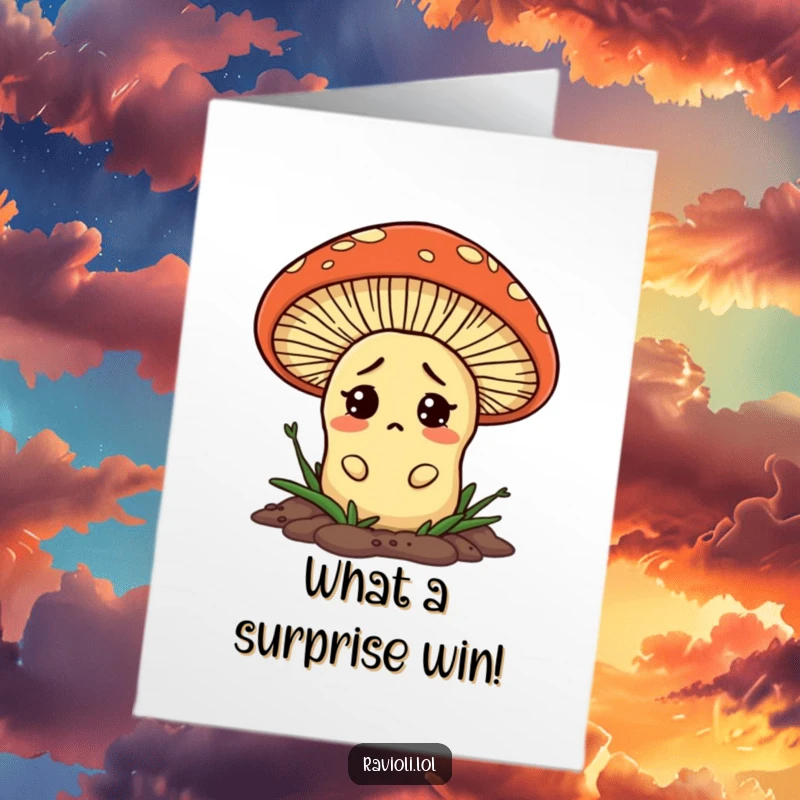 Funny Free Printable Congratulations Card: A goofy ravioli peeks from behind a giant mushroom, looking utterly astonished.