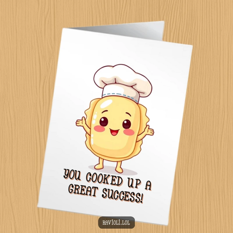 Funny Free Printable Congratulations Card: A ravioli character in a chef hat stands proudly, ready to celebrate your success.