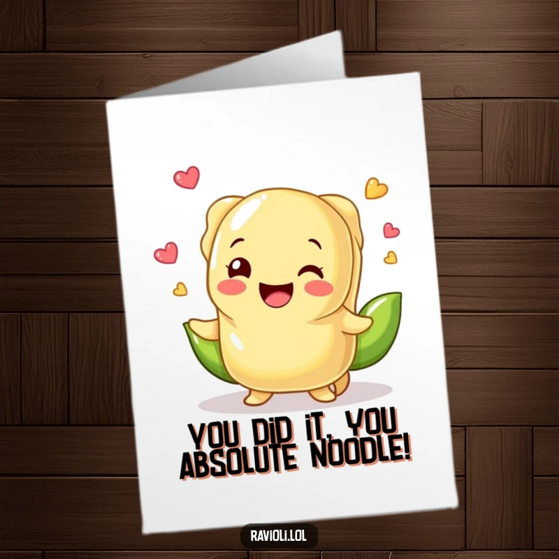 Funny Free Printable Congratulations Card: A delighted ravioli character energetically juggles small, happy peas, celebrating an achievement.