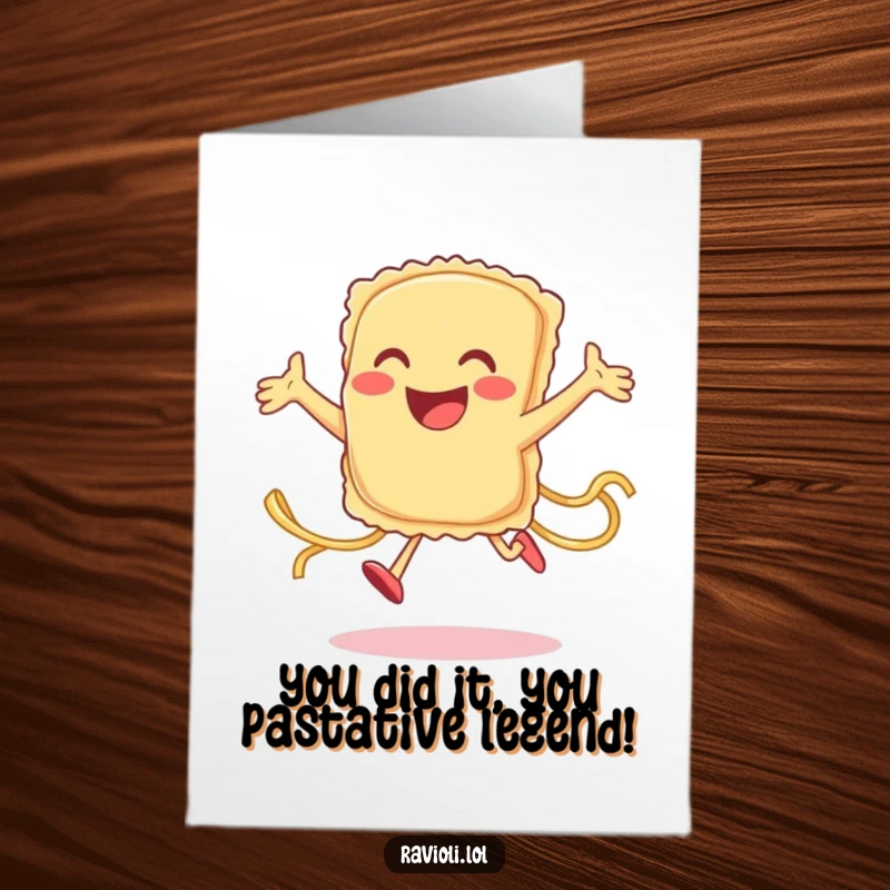 Funny free printable congratulations card: A happy ravioli character jumps with glee, pasta flying, to celebrate a fantastic achievement.