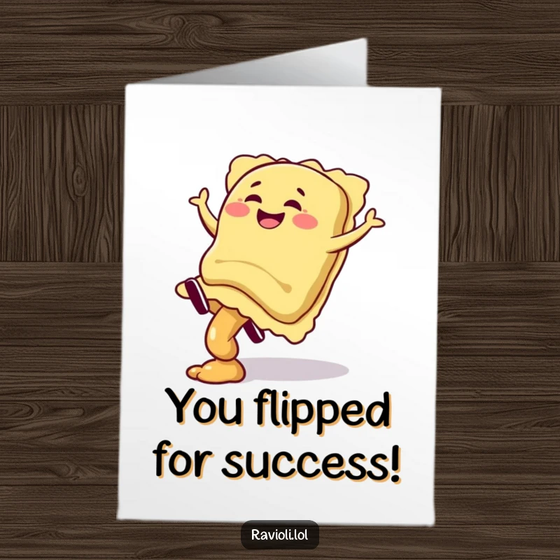 Funny free printable congratulations card: A giggling ravioli executes a cartwheel, spilling filling, in a triumphant display of celebration.