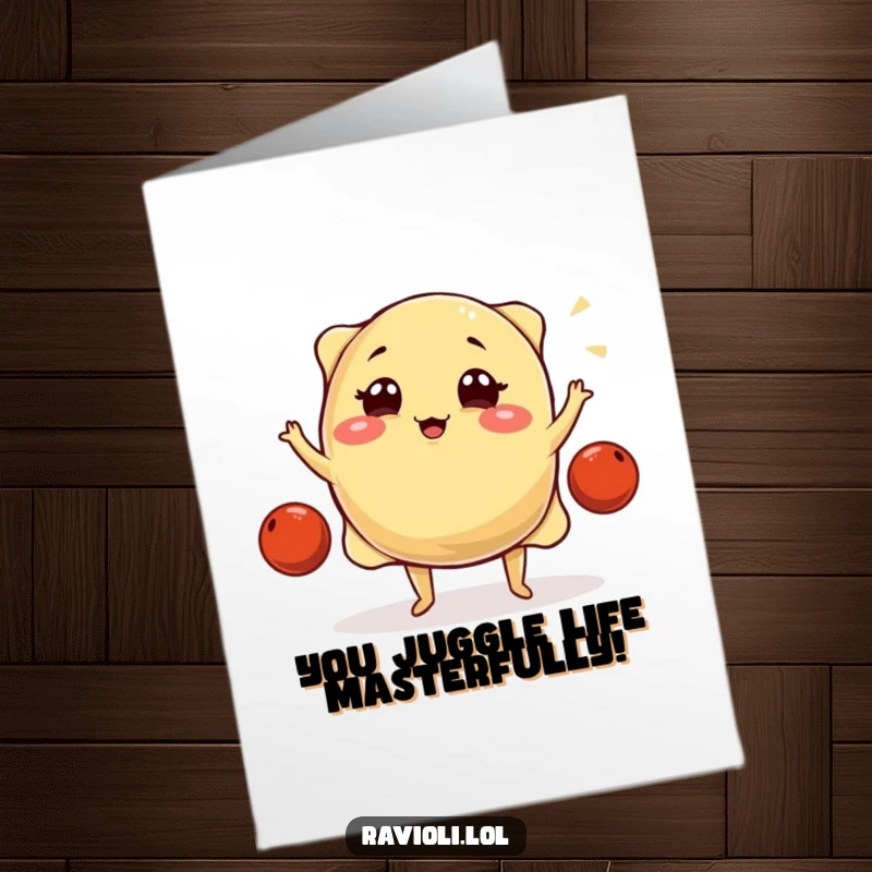 Funny Free Printable Congratulations Card: A plump ravioli winks deviously while juggling tiny meatballs with flair.