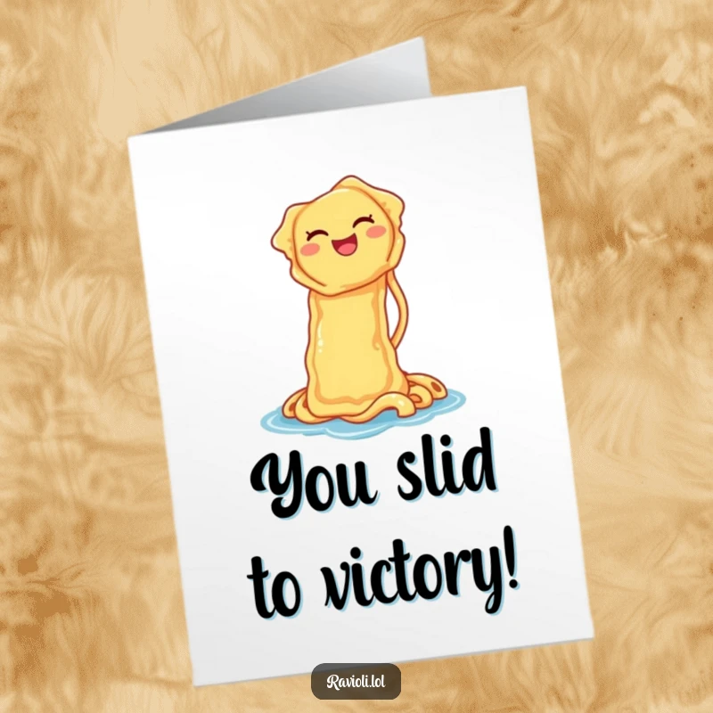 Free Printable Congratulations Card: A ravioli gleefully slides down a noodle, laughing as it celebrates your success.