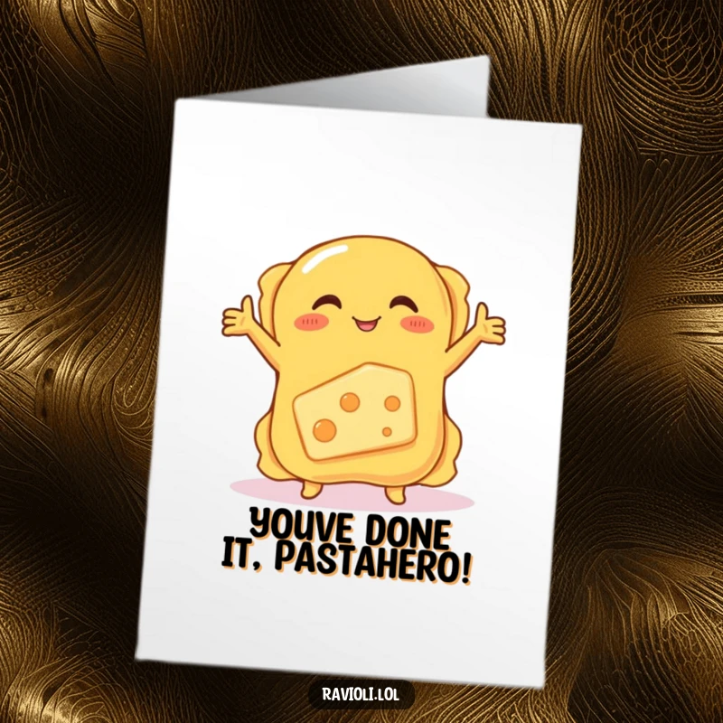 Funny Free Printable Congrats Card: Art showing a ravioli embracing a shy, blushing piece of cheese.
