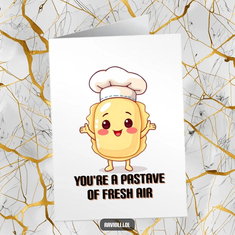 Funny Free Printable Thank You Card: A ravioli character with a chef hat presents itself proudly, thanking you kindly.