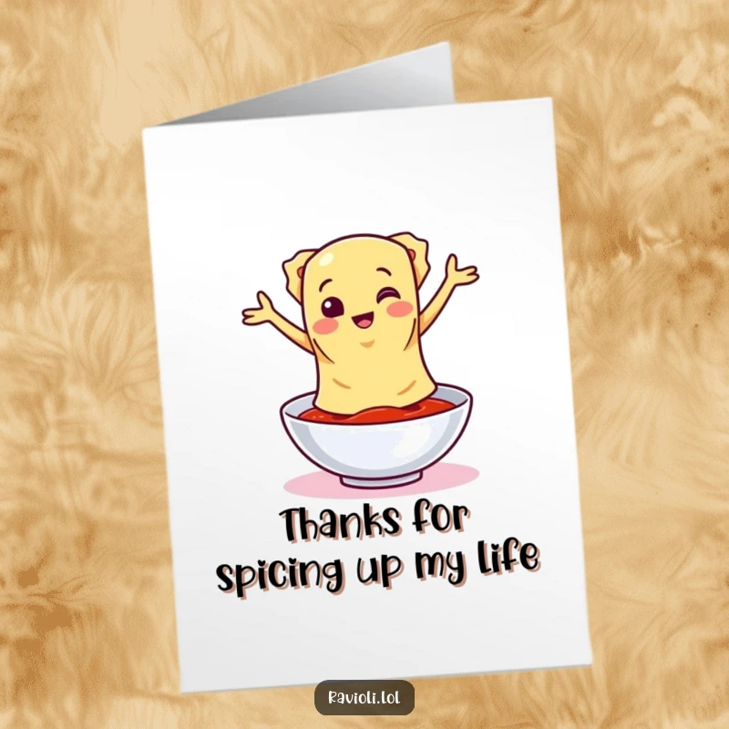 Funny Free Printable Thank You Card: A ravioli character dances merrily around sauce, expressing heartfelt thanks with joy.