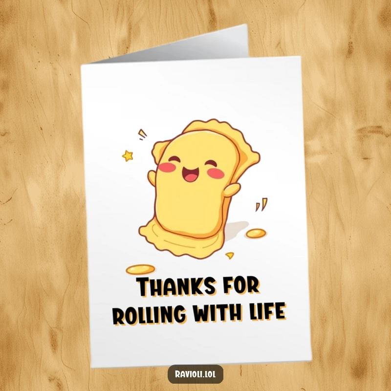 Funny Free Printable Thank You Card: A ravioli happily rolls downhill, leaving a trail of thanks, a delightful DIY gift.