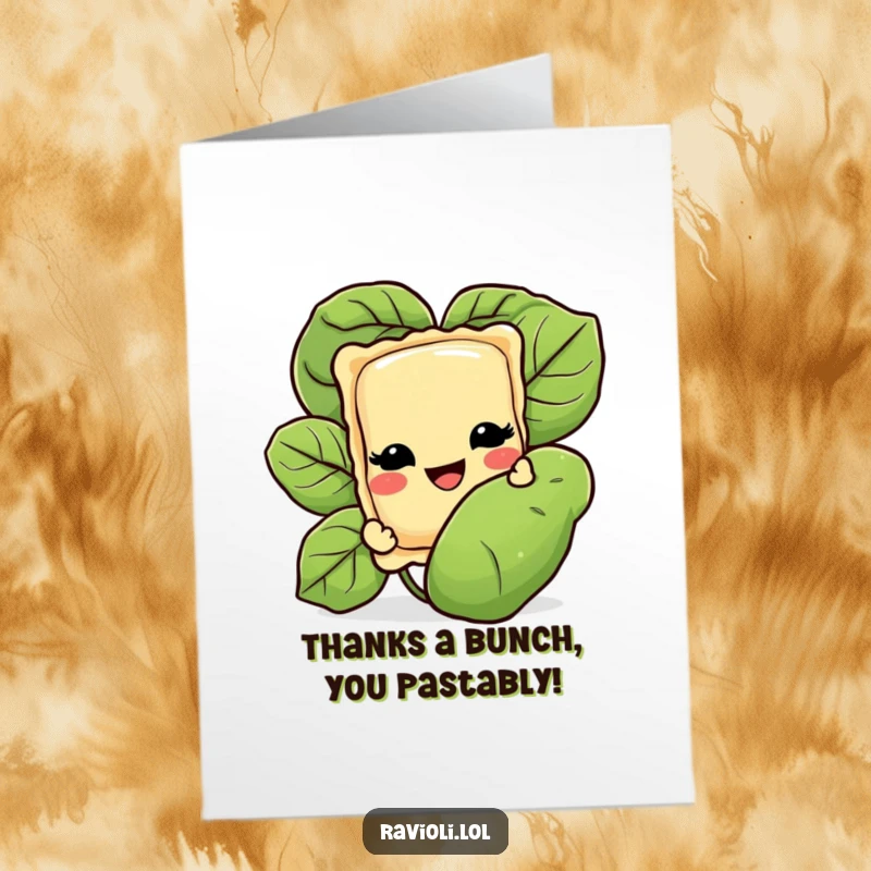 Funny free printable ravioli thank you card; a ravioli peeks from basil, offering thanks with a sly grin.