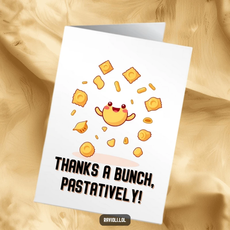 Funny Free Printable Thank You Card depicting a surprised ravioli juggling pasta shapes, a truly unique expression of thanks.