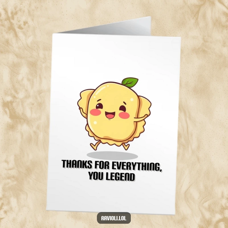 Funny Free Printable Thank You Card with a ravioli character mid-trip, expressing gratitude in a uniquely humorous, pasta-tastic way.