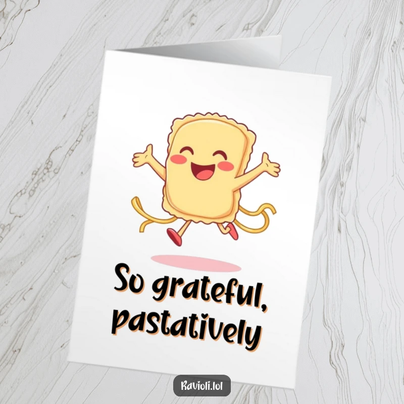 Funny free printable thank you card: A smiling ravioli character jumps joyfully, pasta strands trailing, to express sincere thanks.