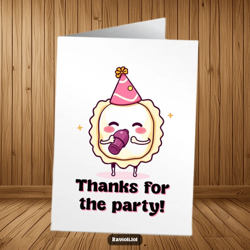 Funny Free Printable Thank You Card: A party ravioli wearing a hat blows a noisemaker, sending festive thanks.