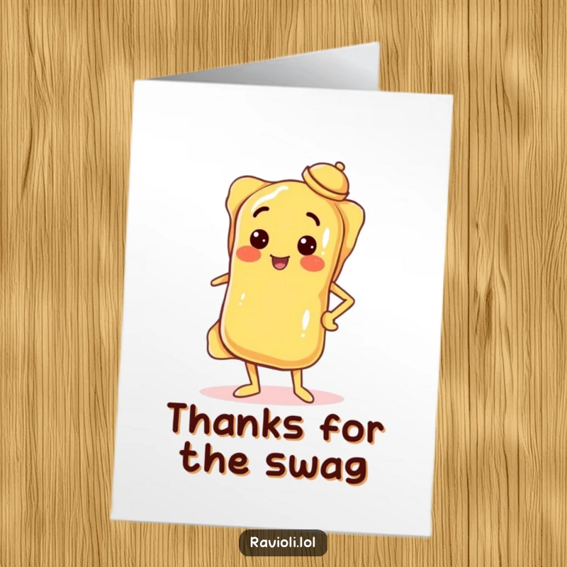 Free Printable Thank You Card: A ravioli confidently poses with its hip and a tilted hat, sending a stylish thanks.