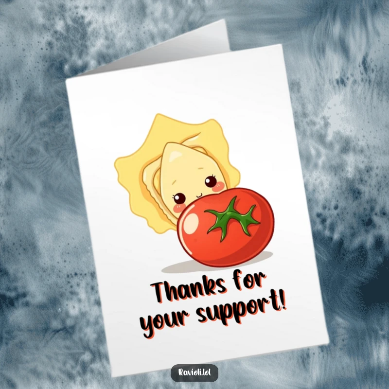 Funny Free Printable Thank You Card: Shy ravioli character peeking out from behind a big tomato, expressing thanks sweetly.