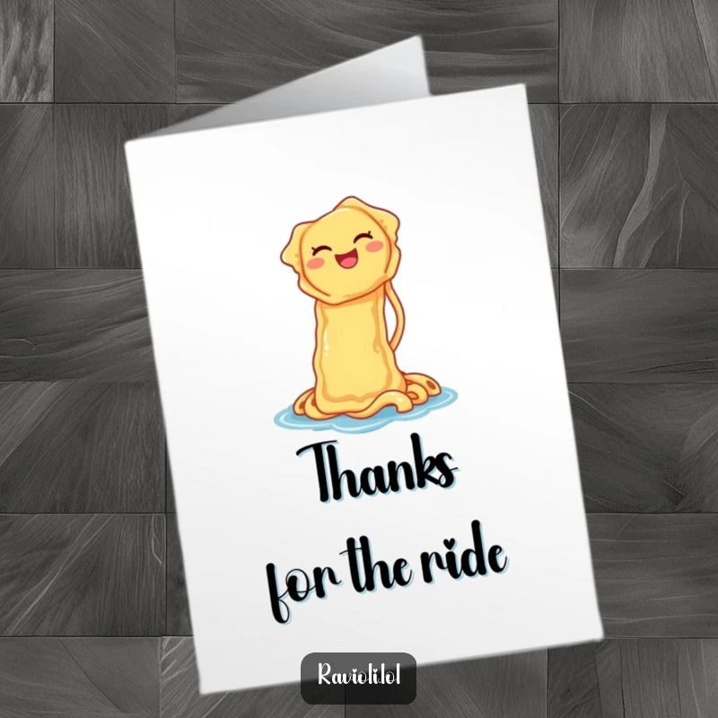 Free Printable Thank You Card: A ravioli laughs as it slides down a noodle like a waterslide, sending thanks.