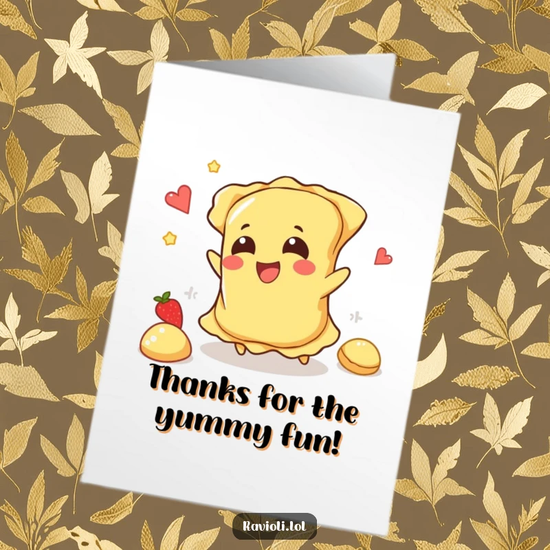 Funny Free Printable Thank You Card: A ravioli character hilariously tripping, its filling flying happily, perfect for a lighthearted thank you.