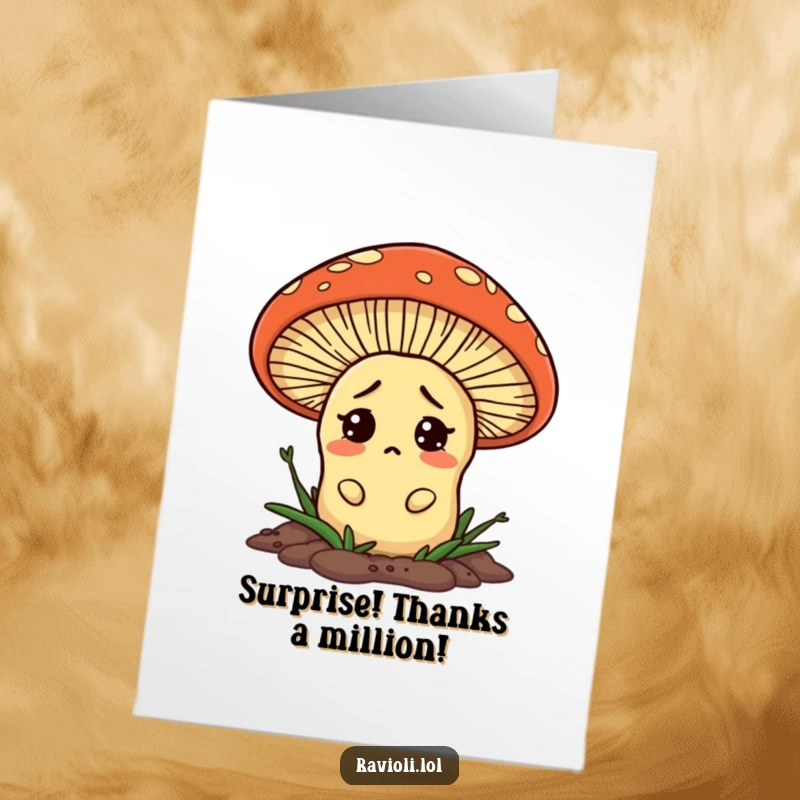 Funny Free Printable Thank You Card: A bewildered ravioli emerges from behind a massive mushroom, looking shocked.